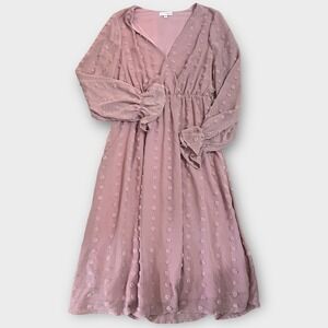 BALTICBORN Swiss Dot V Neck Long Sleeve Midi Dress Blush Pink Medium Cottagecore